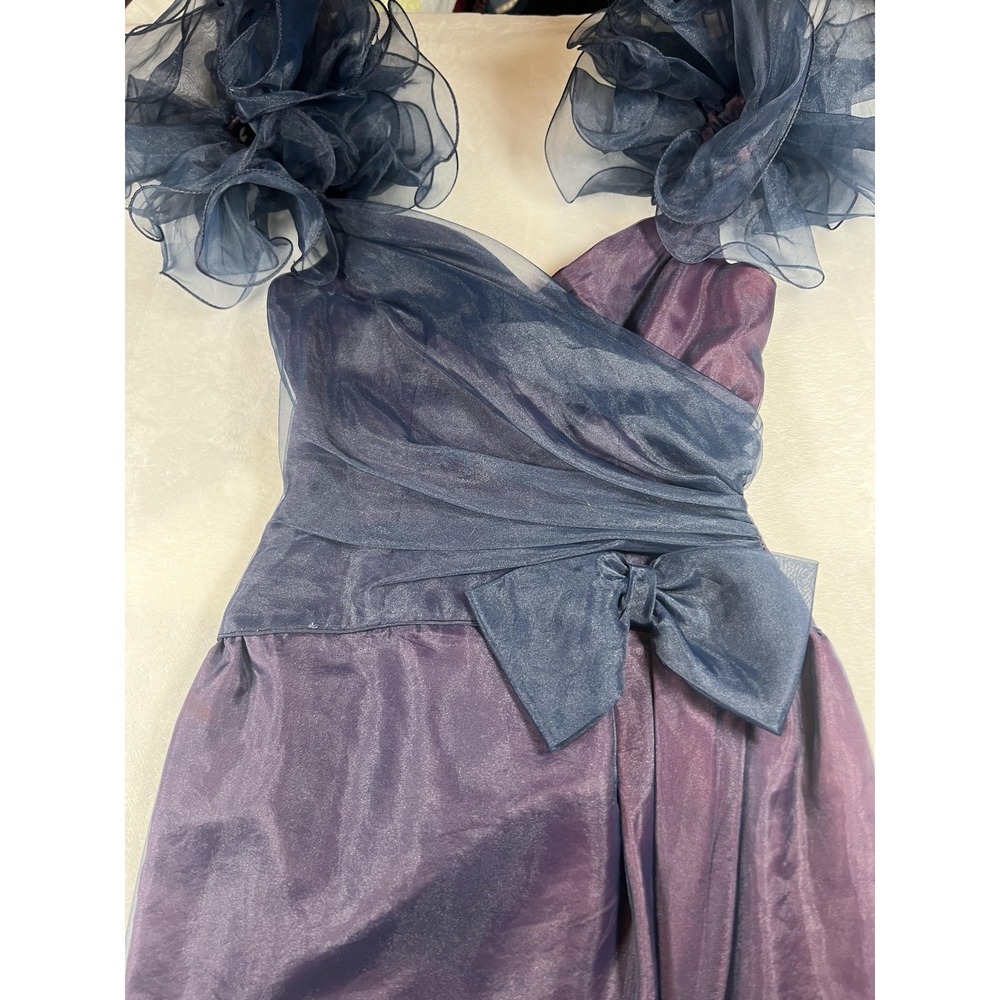 Vintage Formal Dress Womens 12 Purple Blue‎ Ruffle Shoulders Bow Made USA 80s